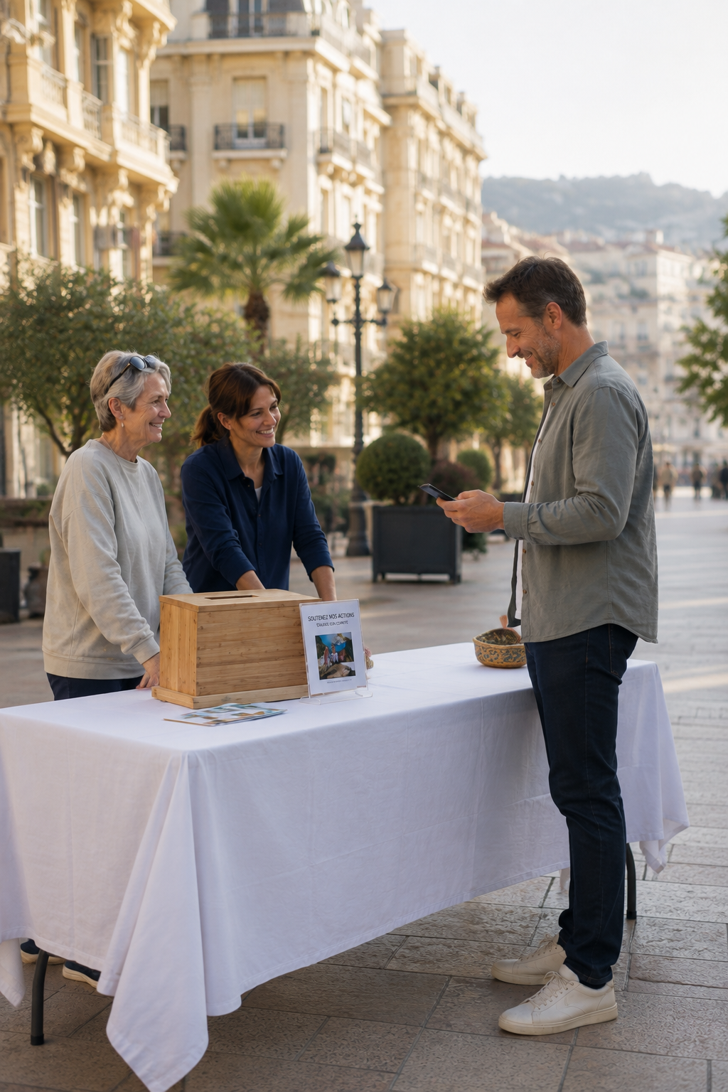 Un homme fait un don sur un stand associatif à Monaco